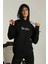 Kadın Sırt Baskılı Oversize Üç Iplik Kapüşonlu Sweatshirt - Siyah 1
