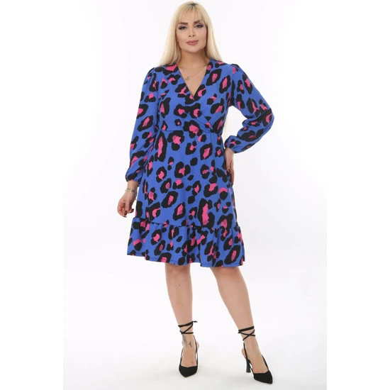 Mooi Kadın Mavi Pembe Tiger Desen Kruvaze Yaka Balon Kol Büyük Beden Esnek Elbise