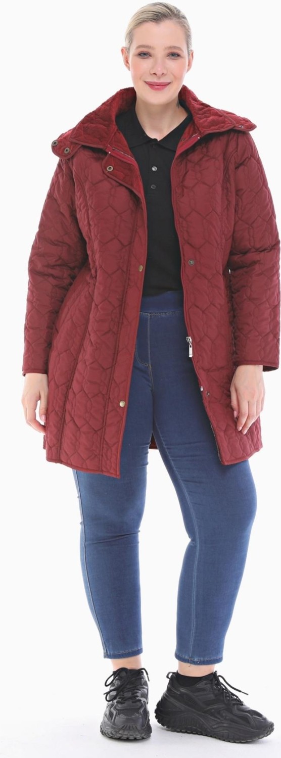 Vetre Kadın Büyük Beden Kapüşonlu 95 Cm Bordo Kapitone Mont 1016 görsel 3