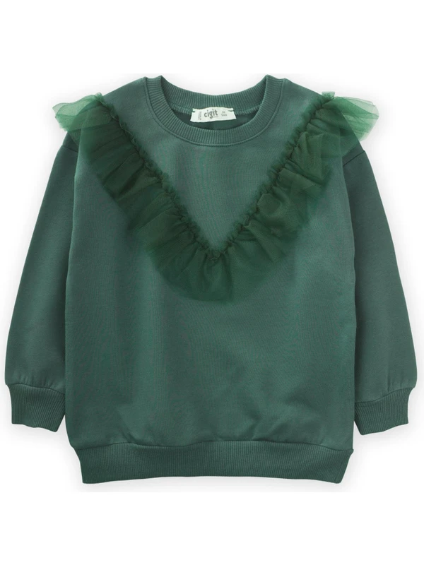 Tül Detaylı Sweatshirt 2-10 Yaş Haki Yeşil