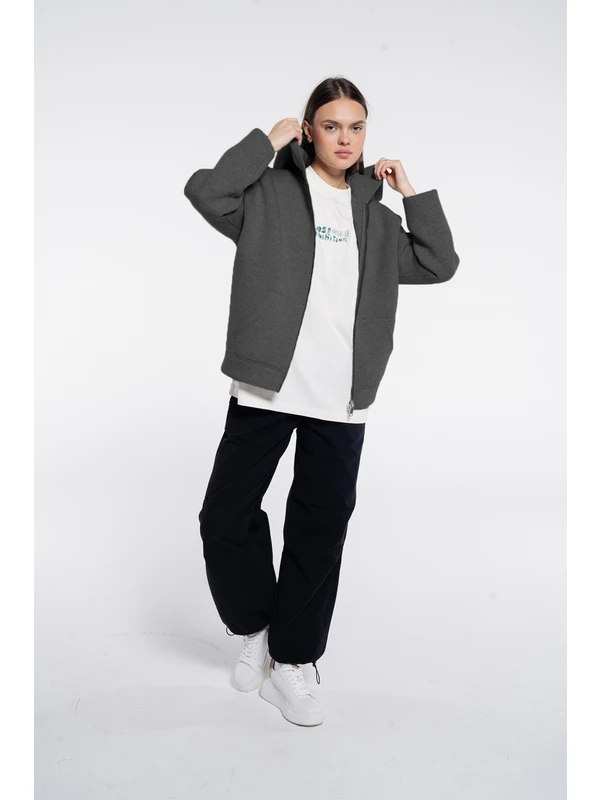 Friday Offset Panda Kadın Antrasit Melanj Kanguru Cepli Kapüşonlu Ekstra Oversize Sweatshirt Hoodie - Scuba Kumaş