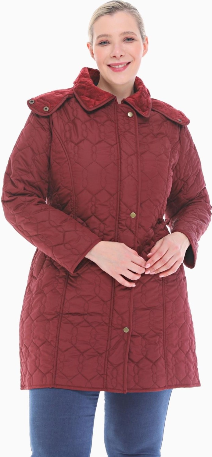 Vetre Kadın Büyük Beden Kapüşonlu 95 Cm Bordo Kapitone Mont 1016 görsel 2