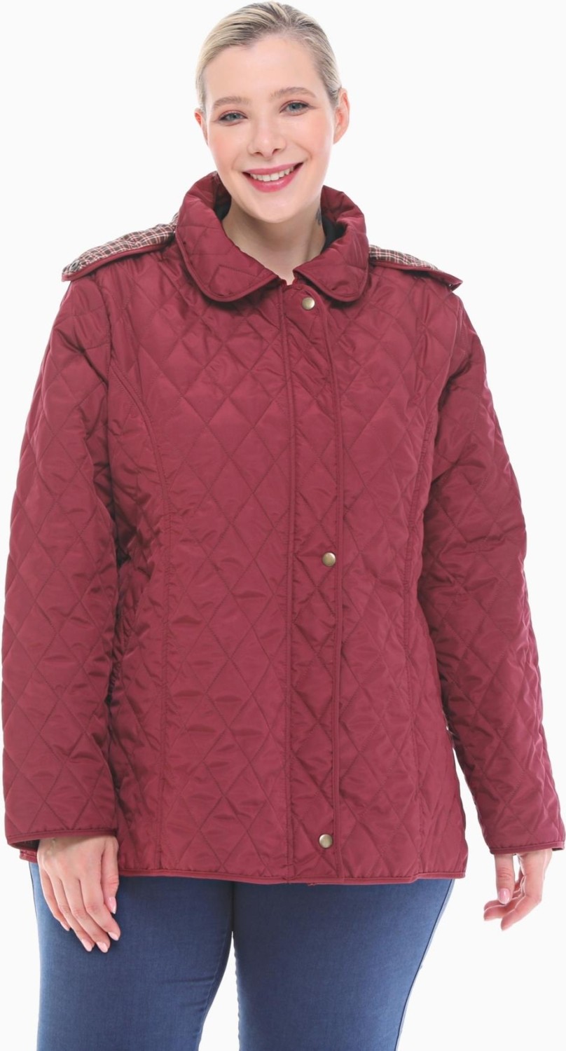 Vetre Kadın Büyük Beden Ekose 75 Cm Mevsimlik Bordo Kapitone Mont 1024