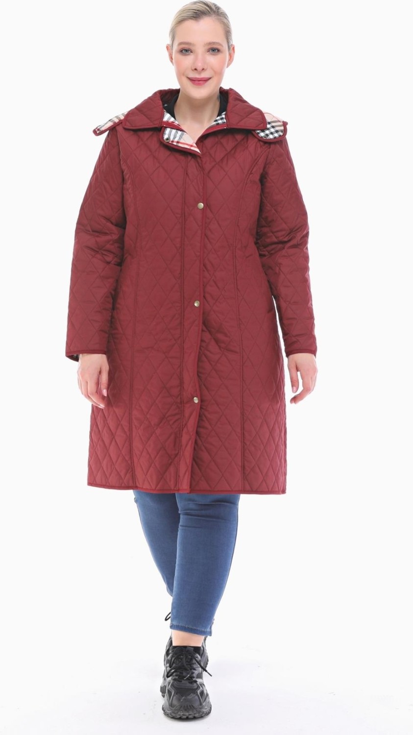 Vetre Kadın Büyük Beden Ekose 105 Cm Mevsimlik Bordo Kapitone Mont 1044