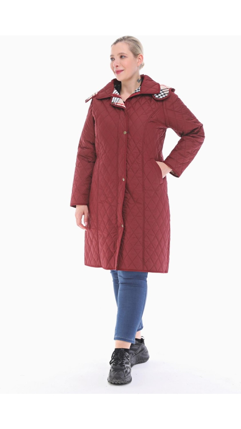 Vetre Kadın Büyük Beden Ekose 105 Cm Mevsimlik Bordo Kapitone Mont 1044 görsel 2