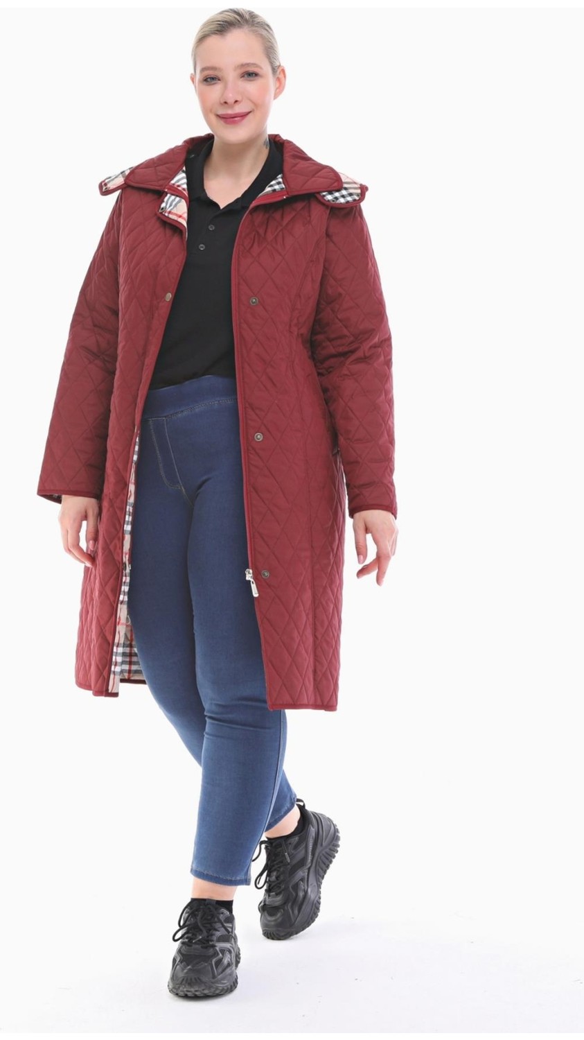 Vetre Kadın Büyük Beden Ekose 105 Cm Mevsimlik Bordo Kapitone Mont 1044 görsel 3