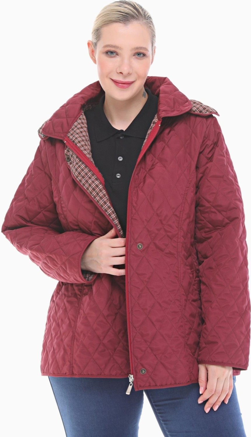 Vetre Kadın Büyük Beden Ekose 75 Cm Mevsimlik Bordo Kapitone Mont 1024 görsel 3