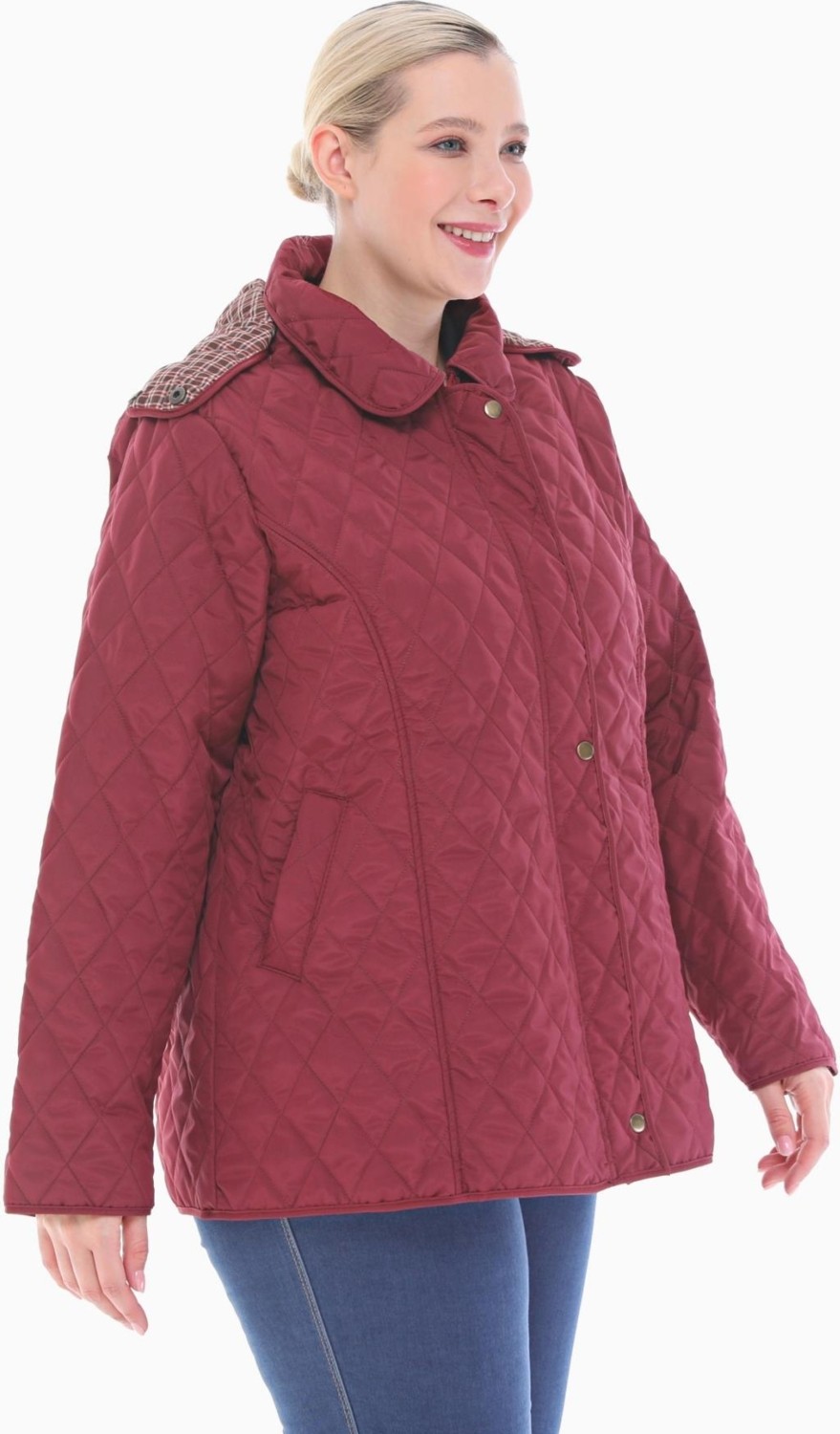 Vetre Kadın Büyük Beden Ekose 75 Cm Mevsimlik Bordo Kapitone Mont 1024 görsel 4