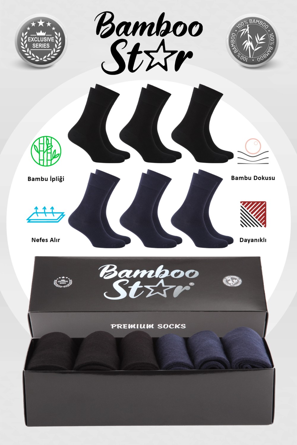 Bamboo Star Bambu Erkek Soket Uzun Düz Siyah Dikişsiz 6'lı Premium Kutulu Çorap