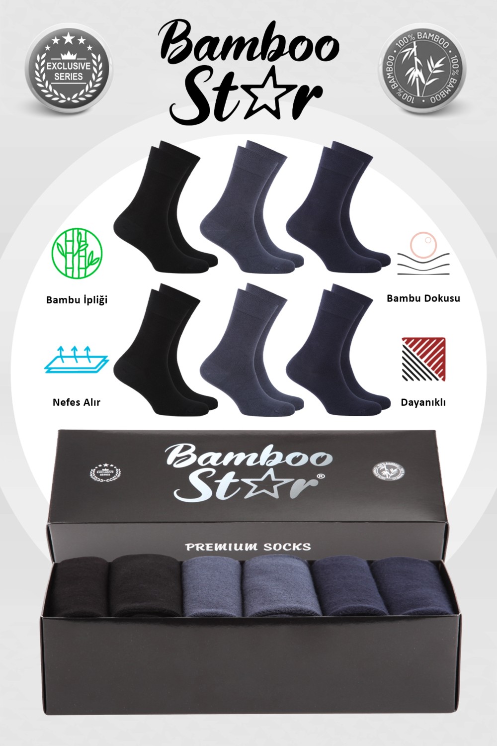 Bamboo Star Bambu Erkek Soket Uzun Düz Siyah Dikişsiz 6'lı Premium Kutulu Çorap
