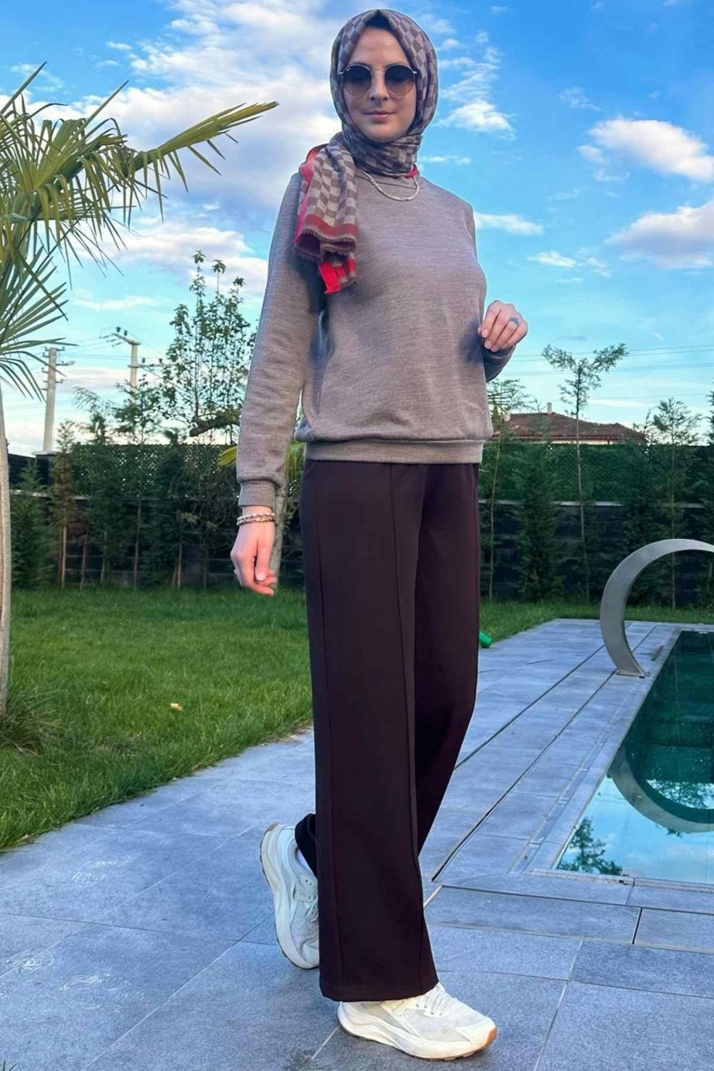 Rabia Şamlı Acı Kahve Nervürlü Bol Paça Pantolon