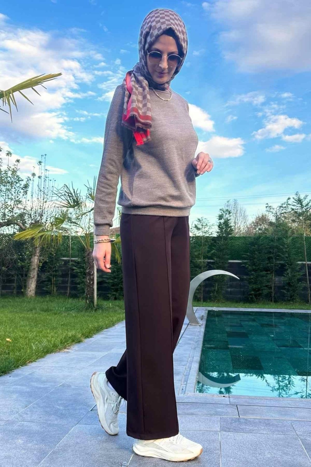 Rabia Şamlı Acı Kahve Nervürlü Bol Paça Pantolon görsel 2
