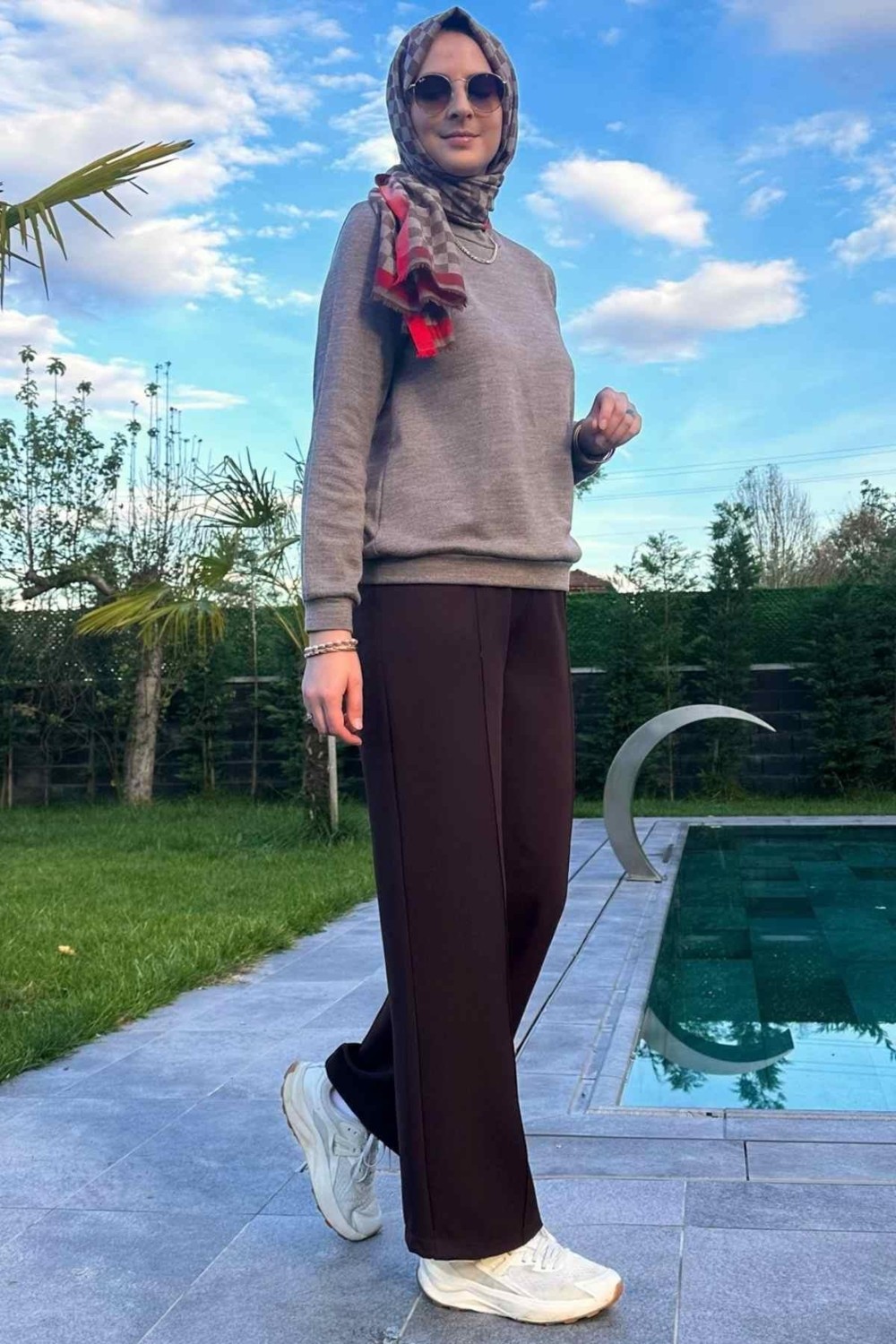 Rabia Şamlı Acı Kahve Nervürlü Bol Paça Pantolon görsel 4