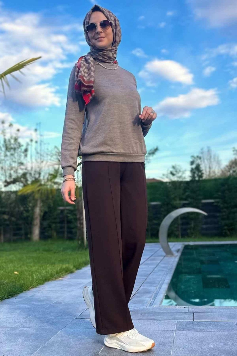 Rabia Şamlı Acı Kahve Nervürlü Bol Paça Pantolon görsel 5