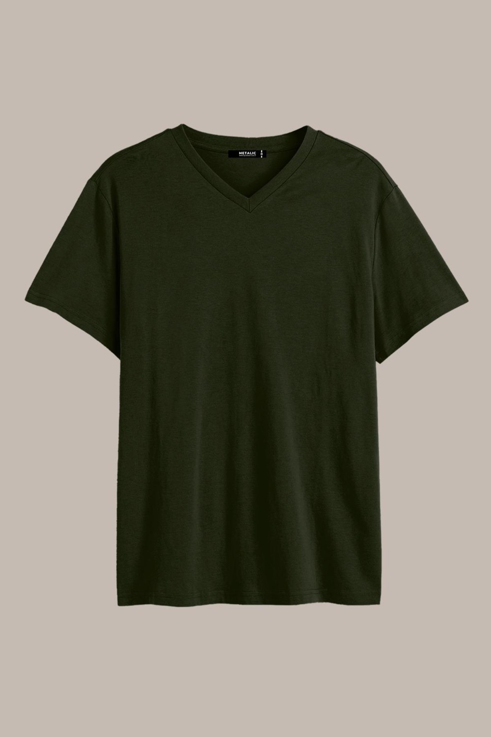 Mmetalic Metalıc Erkek Haki Pamuklu Kısa Kollu V Yaka T-Shirt