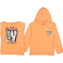 İrem Çocuk Giyim Kız Çocuk Flower Yazı Desenli Sırtı Baskılı Kanguru Cepli Kapüşonlu Fosfor Turuncu Sweatshirt