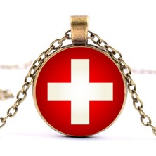 Market66 Isviçre Bronz Metal Kolye Switzerland Bayrağı Yuvarlak Camlı Bayrak Kolye Zincir