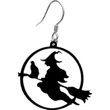 Market66 Uçan Cadı Süpürgesi Kara Kedi Küpe Cosplay El Yapımı Kancalı Siyah Akrilik 5cm Aksesuar