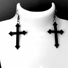 Market66 Retro Sivri Uçlu Haç Küpe Dini Sembol El Yapımı Kancalı Siyah Akrilik 5cm Takı