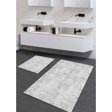 Pera Life Halı  yıkanabilir Kaymaz Pamuk Dokuma Taban Düz Gri Desenli 60X100-50X60 2'li Banyo Paspası Klozet Takım