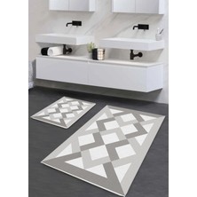 Pera Life Halı  yıkanabilir Kaymaz Pamuk Dokuma Taban Geometrik Zikzak Desenli 60X100-50X60 2'li Banyo Paspası Klozet Takım