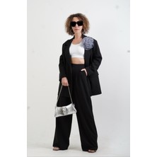 Zelish My Sister Siyah Flora Çiçek Broşlu Oversize Ceket