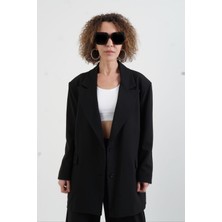 Zelish My Sister Siyah Flora Çiçek Broşlu Oversize Ceket