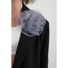 Zelish My Sister Siyah Flora Çiçek Broşlu Oversize Ceket