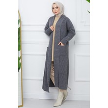 Hafsa Mina Şal Yaka Salaş Triko Hırka Füme HM2248