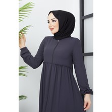 Hafsa Mina Büzgü Detaylı Antrasit Ferace
