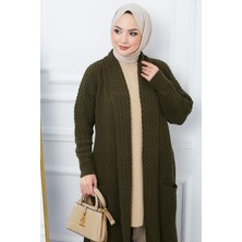 Hafsa Mina Şal Yaka Salaş Triko Hırka Haki HM2248