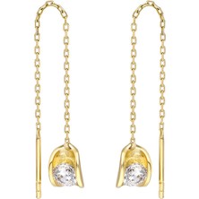 Tesbihname Zirkon Tektaşlı Sandviç Tasarım Gold Renk 925 Ayar Gümüş Sallantılı Küpe