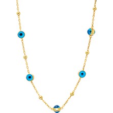 Tesbihname Nazar Boncuğu Detaylı Gold Renk 925 Ayar Gümüş Kadın Şans Kolyesi