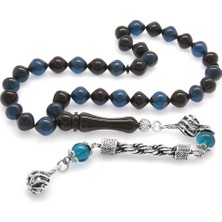 Gümüş Hediye Al Kararmaz Metal Halat Püsküllü Istanbul Kesim Mavi-Siyah Sıkma Kehribar Tesbih