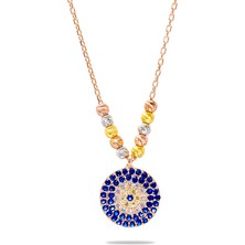 Tesbihname Lacivert-Beyaz Zirkon Taşlı Dorika Top Süslemeli Rose Renk 925 Ayar Gümüş Kadın Kolye