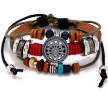 Tesbihname Çok Katmanlı Deri&metal Alaşım Kombinasyonu Etnik Tasarım Güneş Detaylı Retro Erkek Bileklik