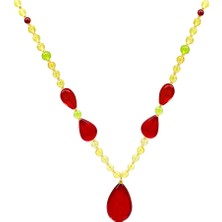 Tesbihname Damla Tasarım Faset Kesim Sarı-Kırmızı Doğal Damla Kehribar Kadın Kolye