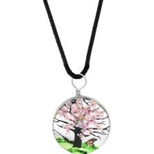 Tesbihname Oval Tasarım Pembe Çiçekli Doğa Temalı El Yapımı Natural Reçine Kolye