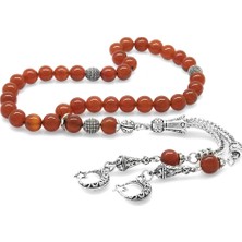 Tesbihname Kararmaz Metal Ayyıldız Püsküllü Küre Kesim Kırmızı Akik Doğaltaş Tesbih