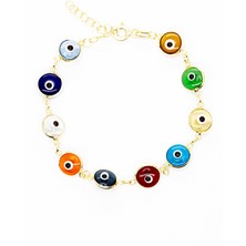 Tesbihname Nazar Boncuğu Detaylı Multicolor Gold Renk 925 Ayar Gümüş Kadın Bileklik