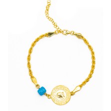 Tesbihname Liralı Nazar Boncuğu Detaylı Halat Zincirli Gold Renk 925 Ayar Gümüş Kadın Bileklik