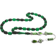 Tesbihname Bakır Kazaz Püsküllü Uçlu Kapsül Kesim Yeşil-Siyah Ateş Kehribar Tesbih