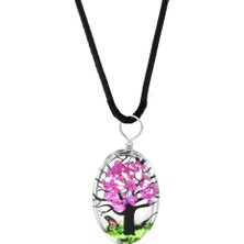 Tesbihname Elips Tasarım Fuşya Çiçekli Doğa Temalı El Yapımı Natural Reçine Kolye