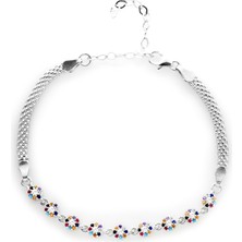 Tesbihname Oval Tasarım Multicolor Zirkon Taşlı 925 Ayar Gümüş Su Yolu Kadın Bileklik