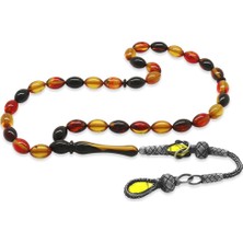 Tesbihname 1000 Ayar Gümüş Kazaz Püsküllü Arpa Kesim Bala-Siyah Ateş Kehribar Tesbih