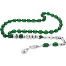 Tesbihname 925 Ayar Gümüş Kral Püsküllü Gümüş Üç Şerefeli Nakkaş Imameli Yeşil Ateş Kehribar Tesbih