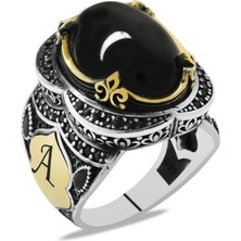 Tesbihname Siyah Oniks Taşlı Oval Tasarım Kişiye Özel Isim/harf Yazılı 925 Ayar Gümüş Erkek Yüzük