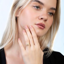 Gümüş Hediye Al Zirkon Taşlı Snake Tasarım Gold Renk 925 Ayar Gümüş Kadın Yüzük