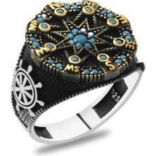 Gümüş Hediye Al Turkuaz Zirkon Taşlı Pusula Tasarım Yanları Çapa&gemi Dümeni Detaylı 925 Ayar Gümüş Erkek Yüzük