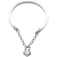 Gümüş Hediye Al Zirkon Taşlı Zincirli Silver Renk 925 Ayar Gümüş Kadın Tektaş Yüzük